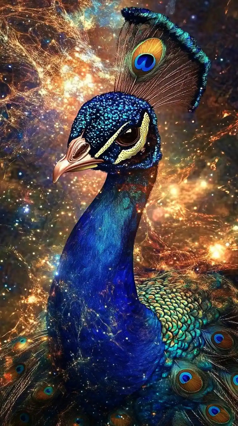 Close up digital portrait of a luminous peacock