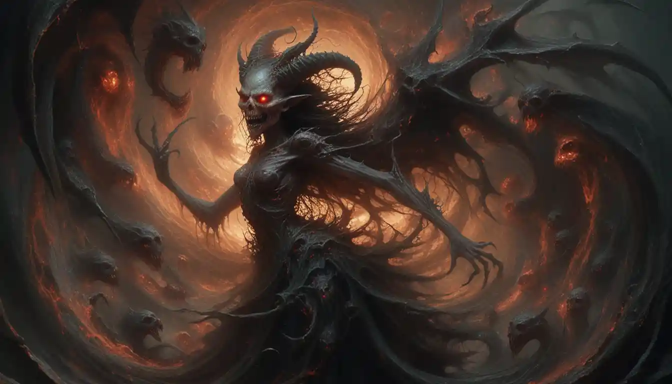 Demonic figure swirling in a maelstrom of tortured souls