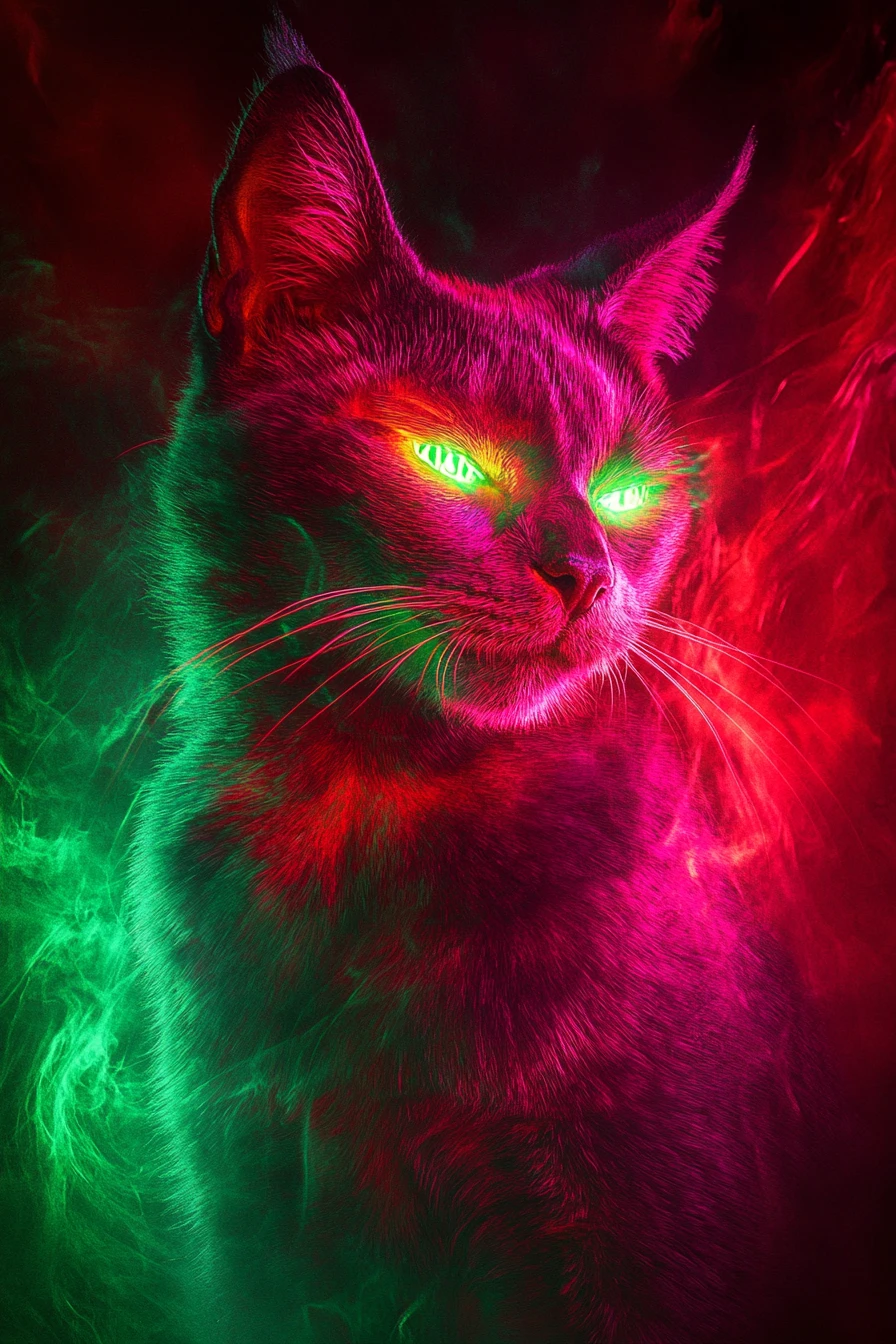 Gato criminal místico brillando en tonos neón de templo