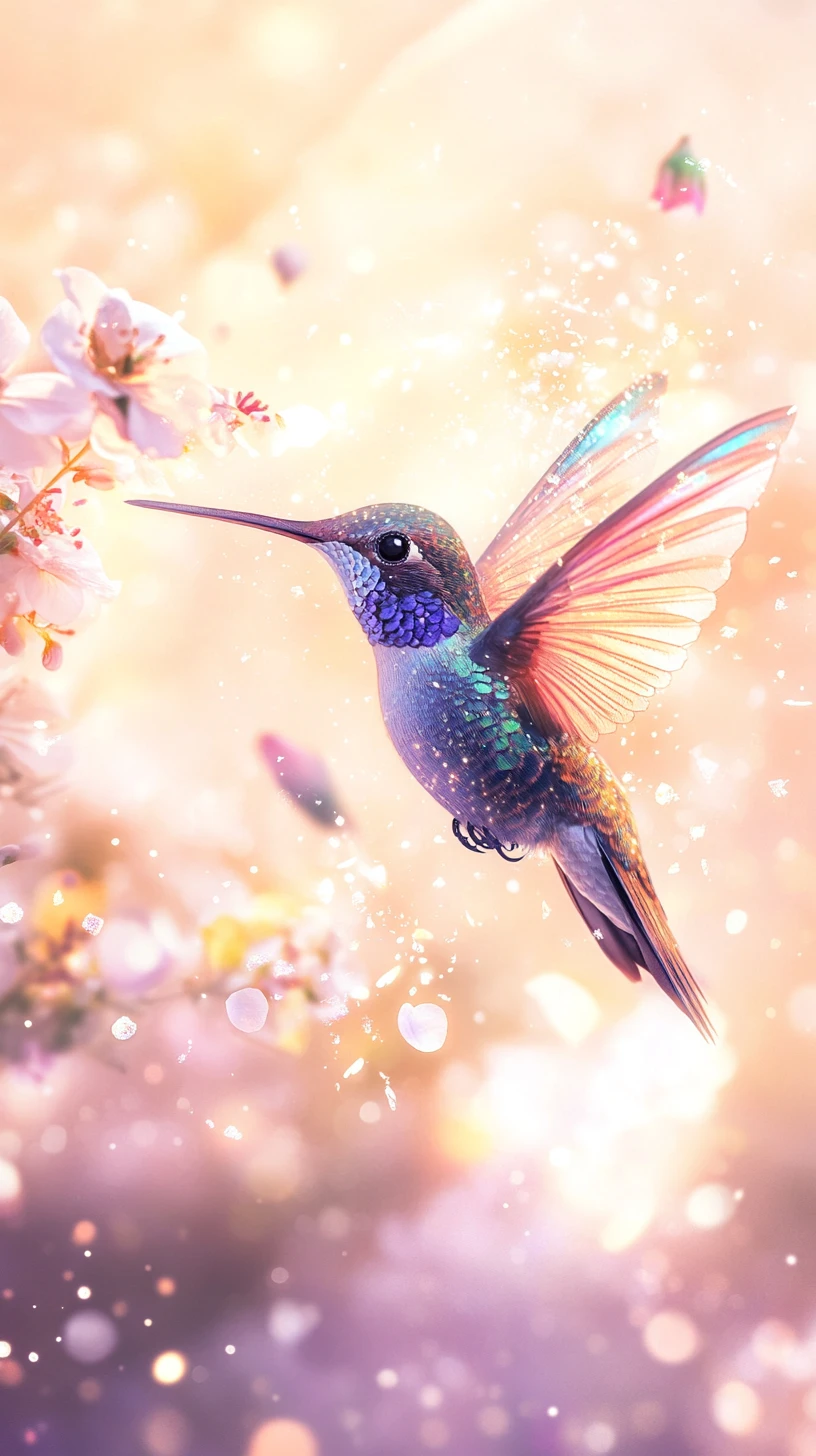 Iridescent hummingbird hovering beside soft blooming fantasy flowers