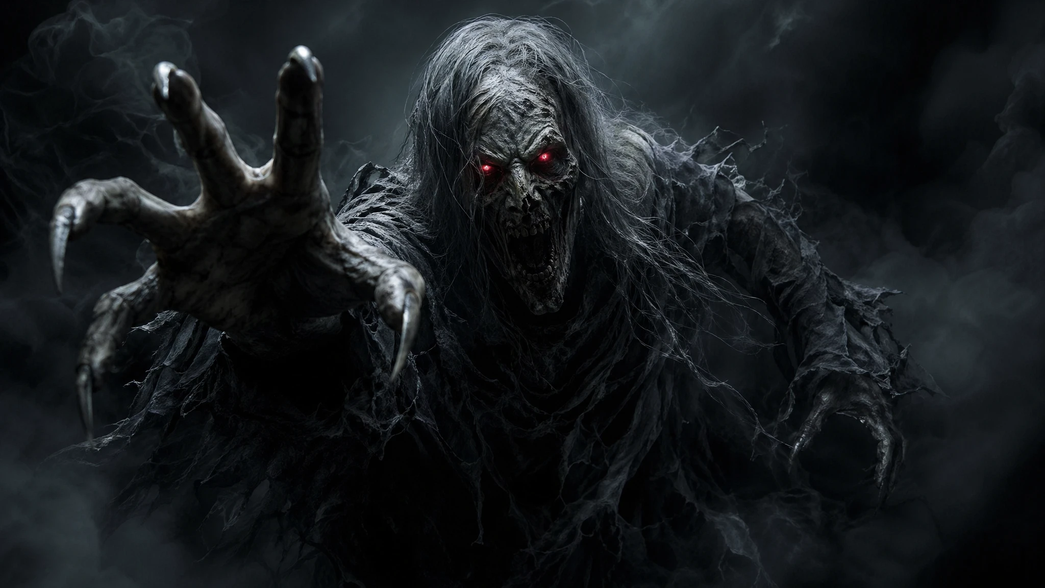 Terrifying hyperreal ghost with fiery red eyes and claws