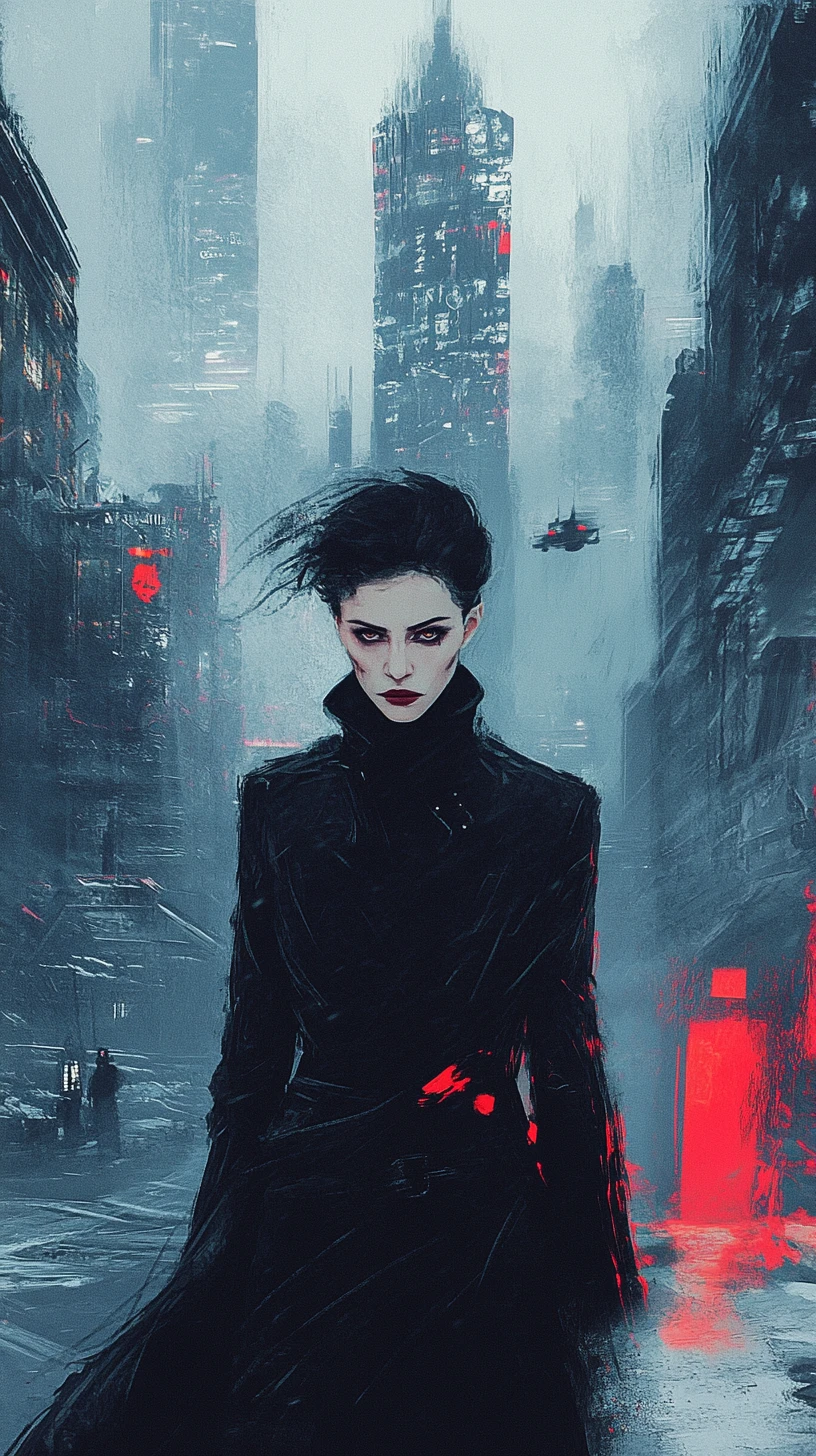 Surreal woman framed by a cold futuristic soviet style city