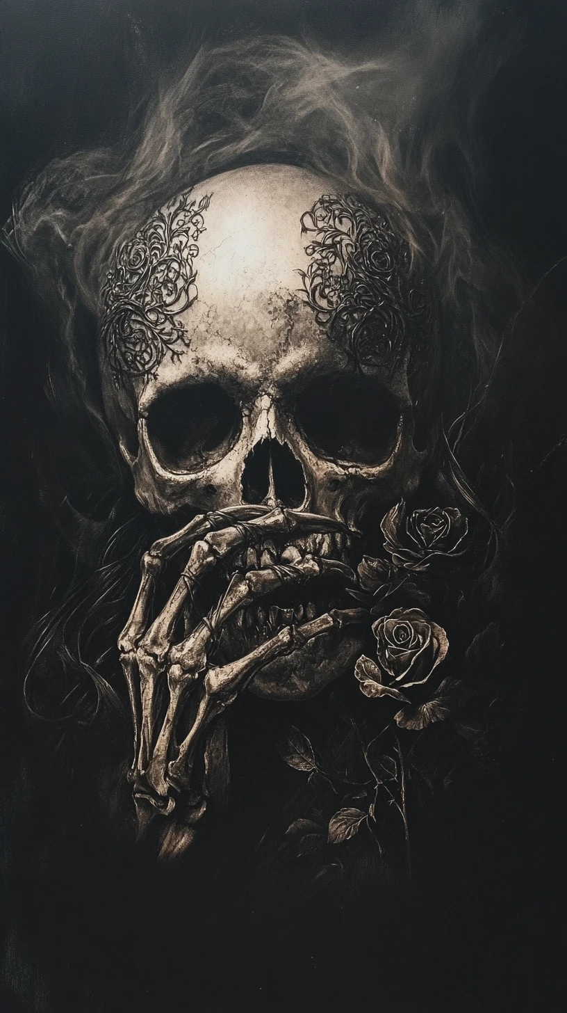 Gothic skull with skeletal hands and blooming roses