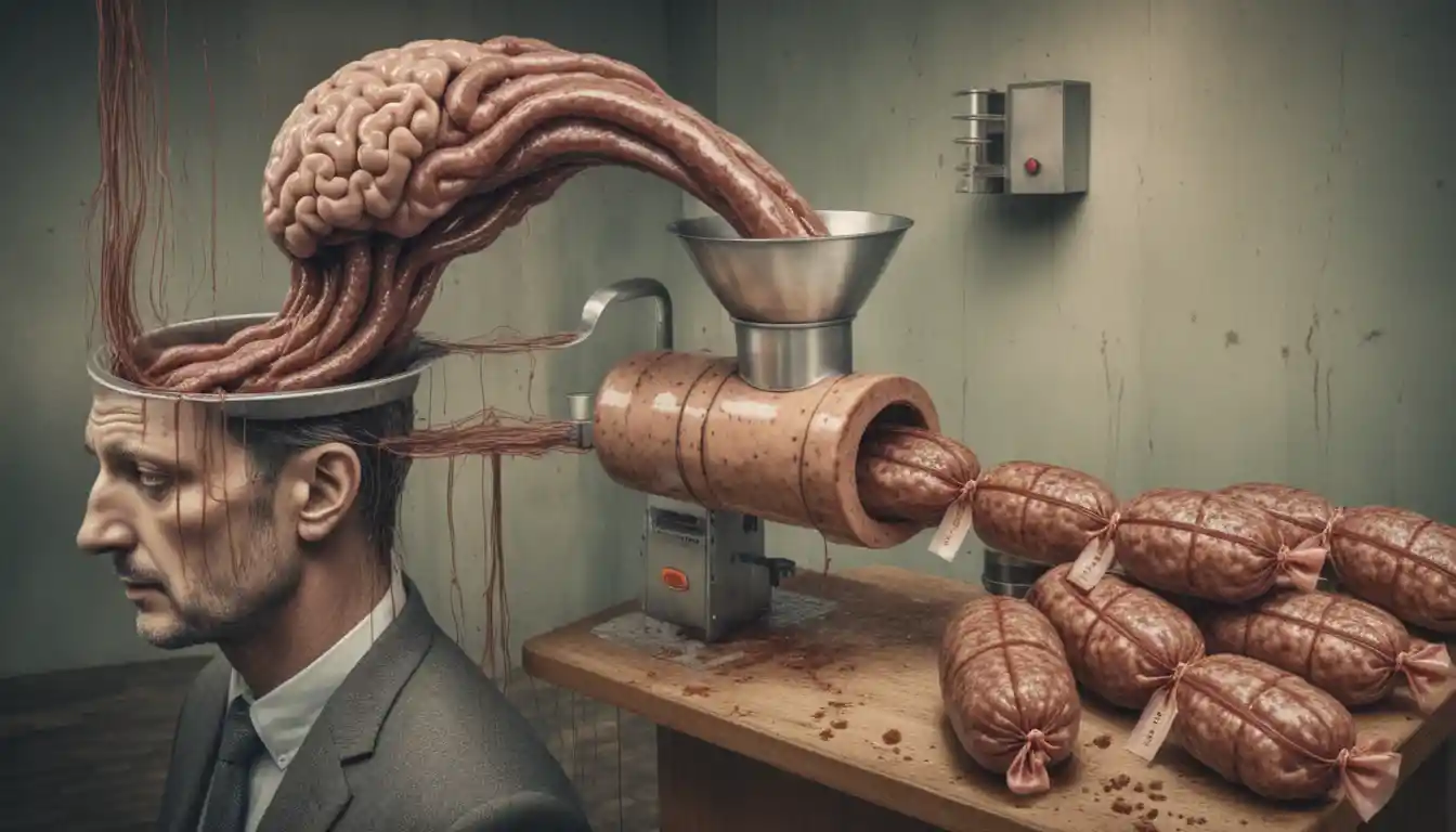Surreal brain flowing from a man into a sausage maker