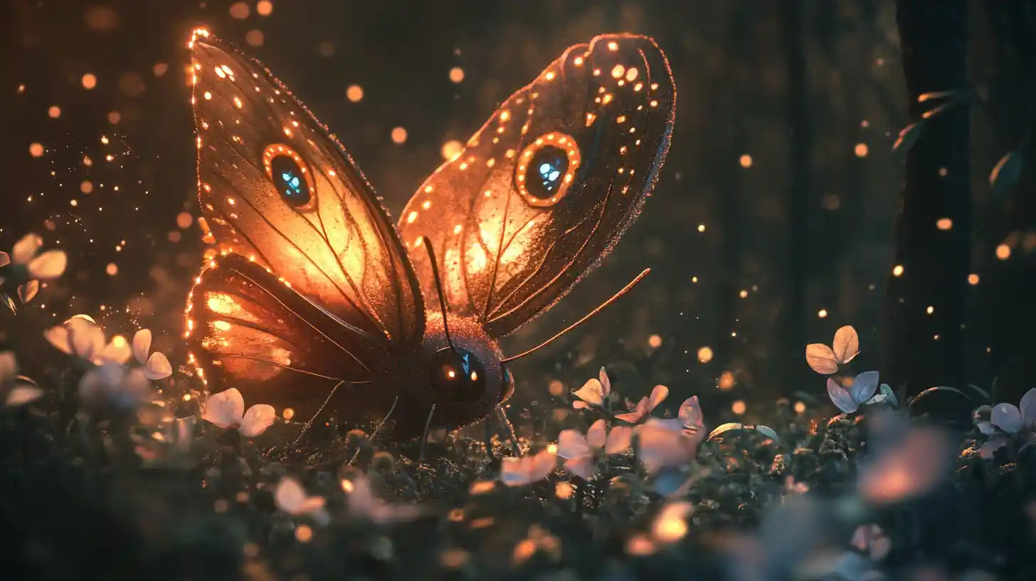 Cute butterfly spirit resting among flowers in dark forest