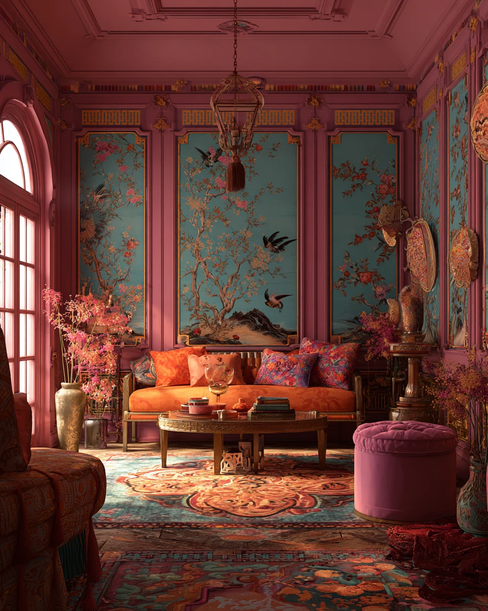 Ilustración de hada estilo chinoiserie con colores funky y encantadores