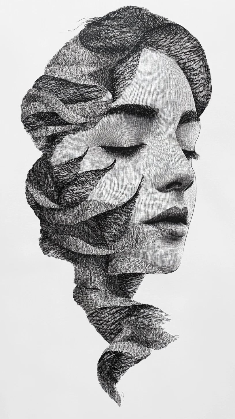 Pointillist portrait of a woman veiled by intertwined braids