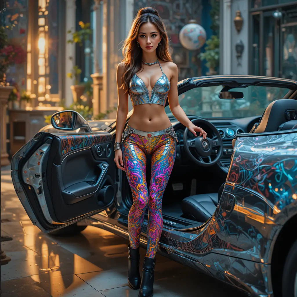 Suntanned woman by futuristic convertible in warm dreamy light