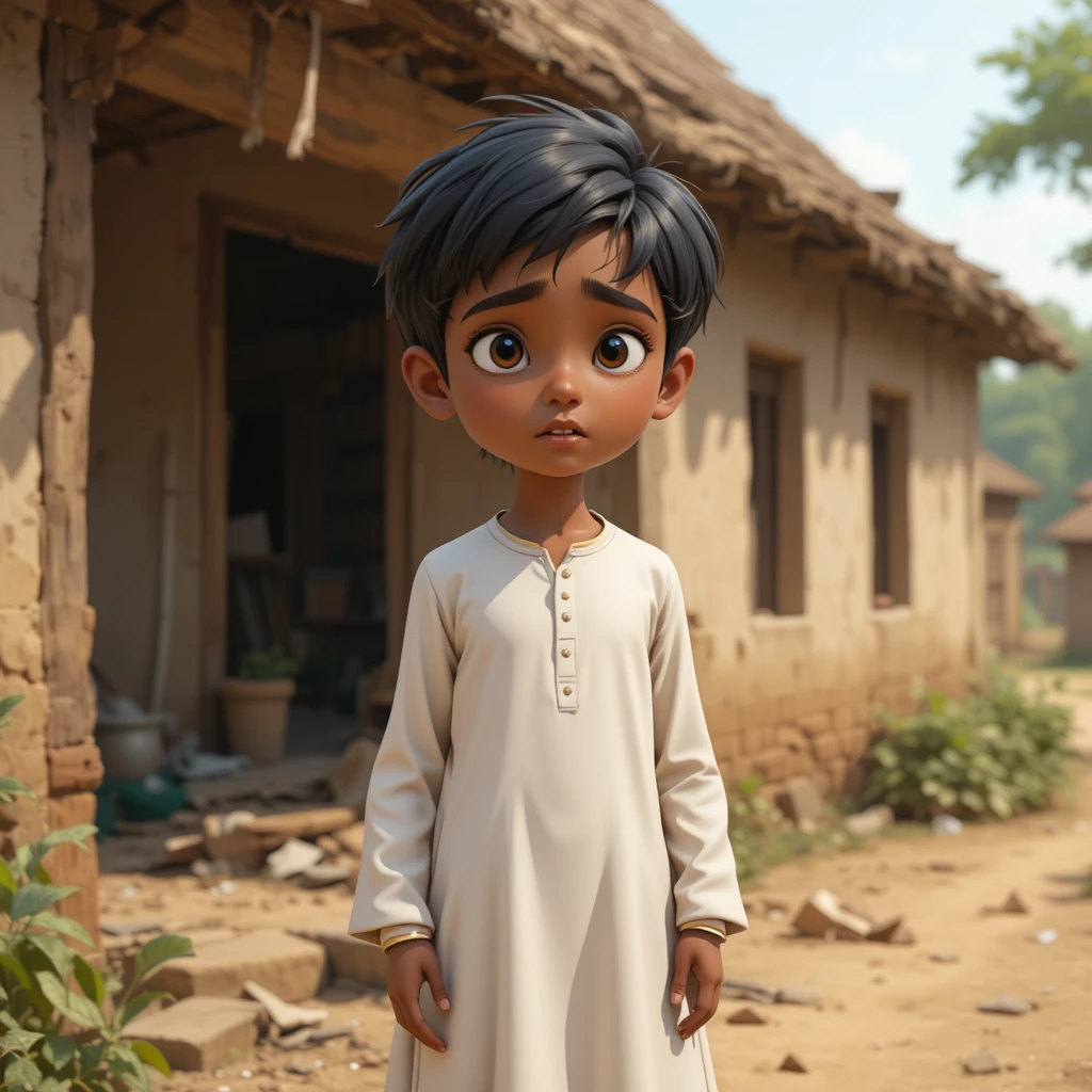 Sad village boy in white shalwar kameez standing by ruined house