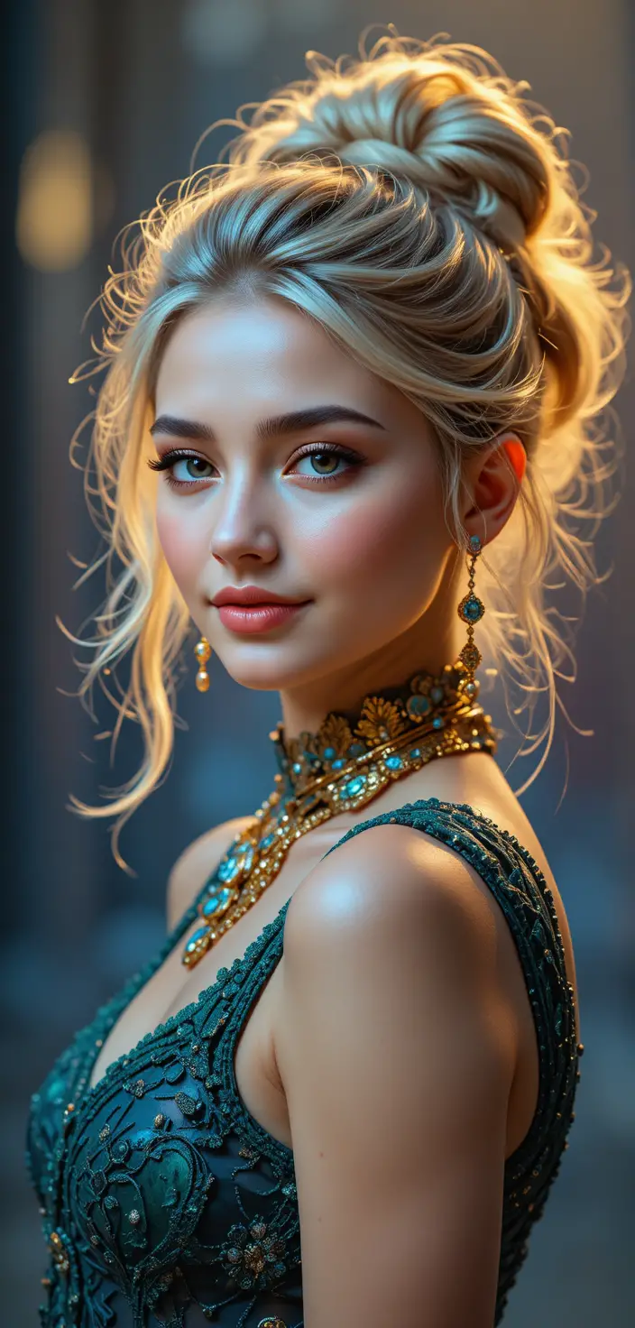 Blonde girl portrait with bindi and gold jewelry outdoors