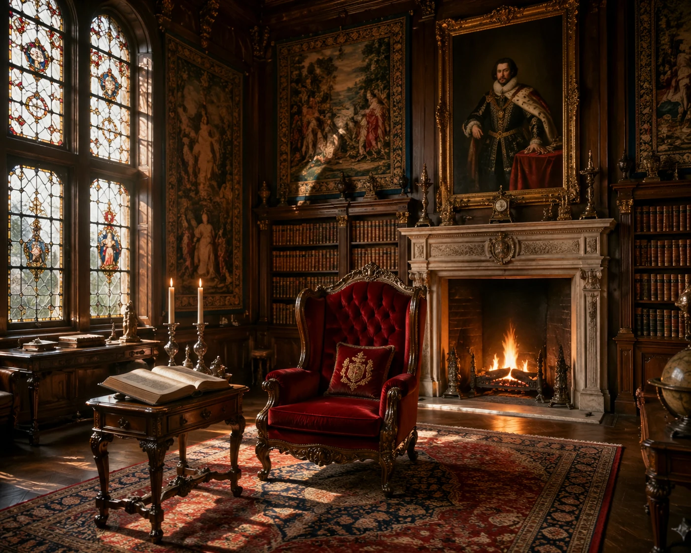 Biblioteca noble bañada por el sol con sillón de terciopelo y chimenea