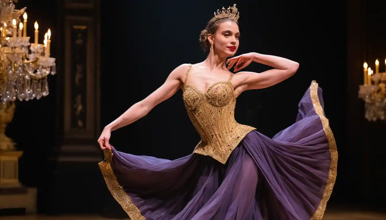 Queen in red and gold gown on spotlighted stage