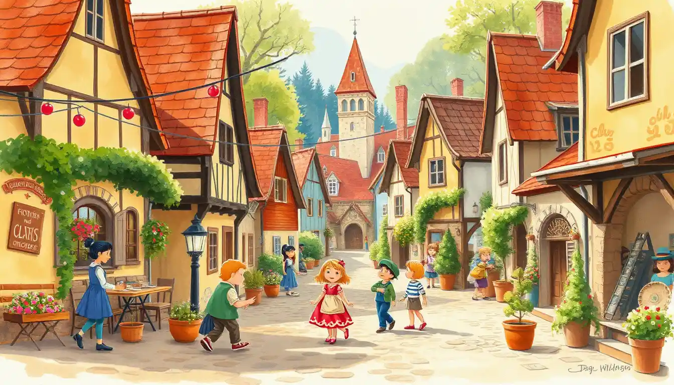 Warm old village street in playful watercolor illustration