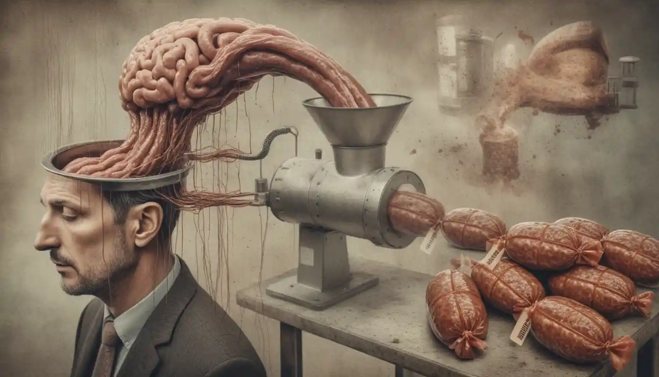 Cervello surreale che cola da un uomo in un tritacarne per salsicce