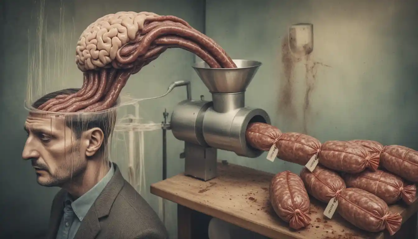 Surreal brain flowing from man into bizarre sausage machine