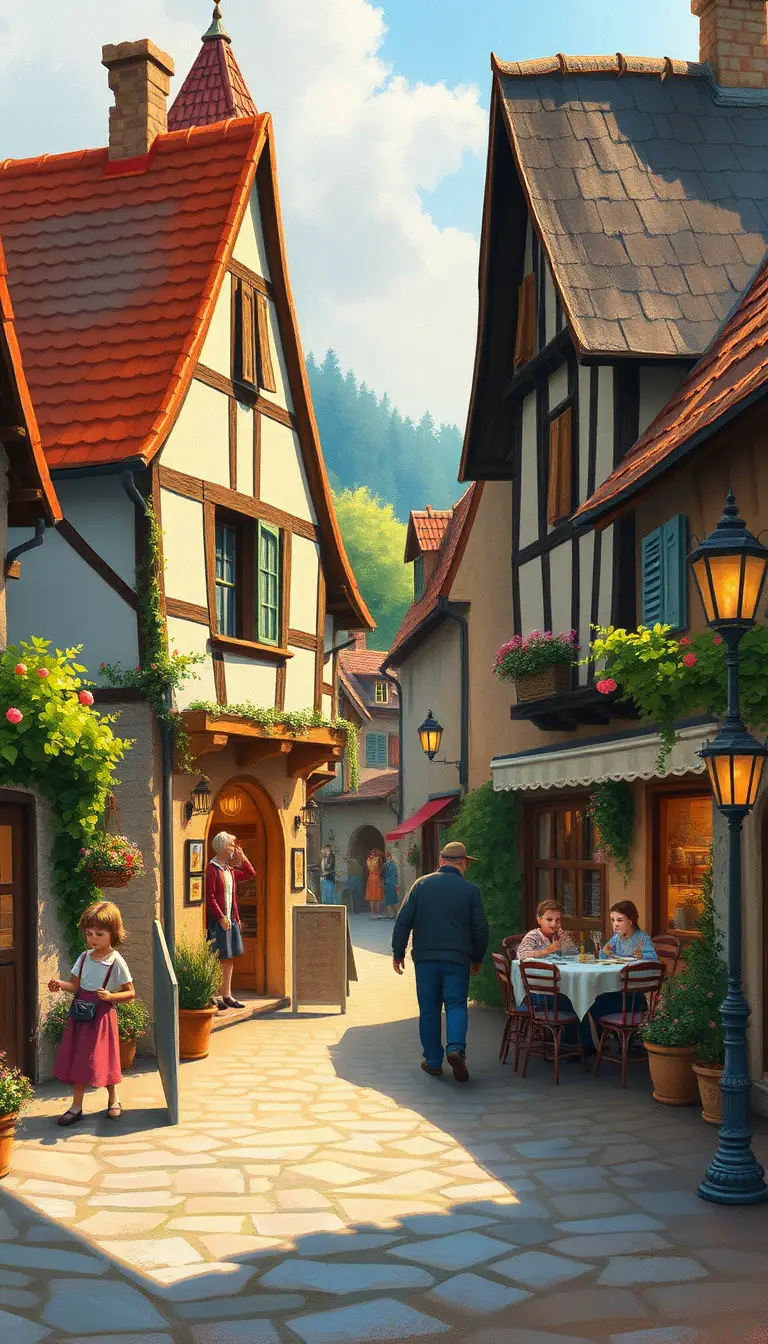Warm old village with festive crowd in watercolor illustration
