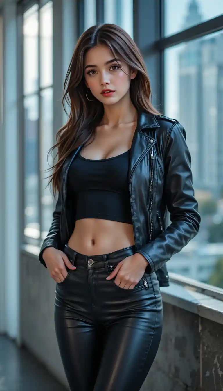 Young woman in leather outfit by a city window