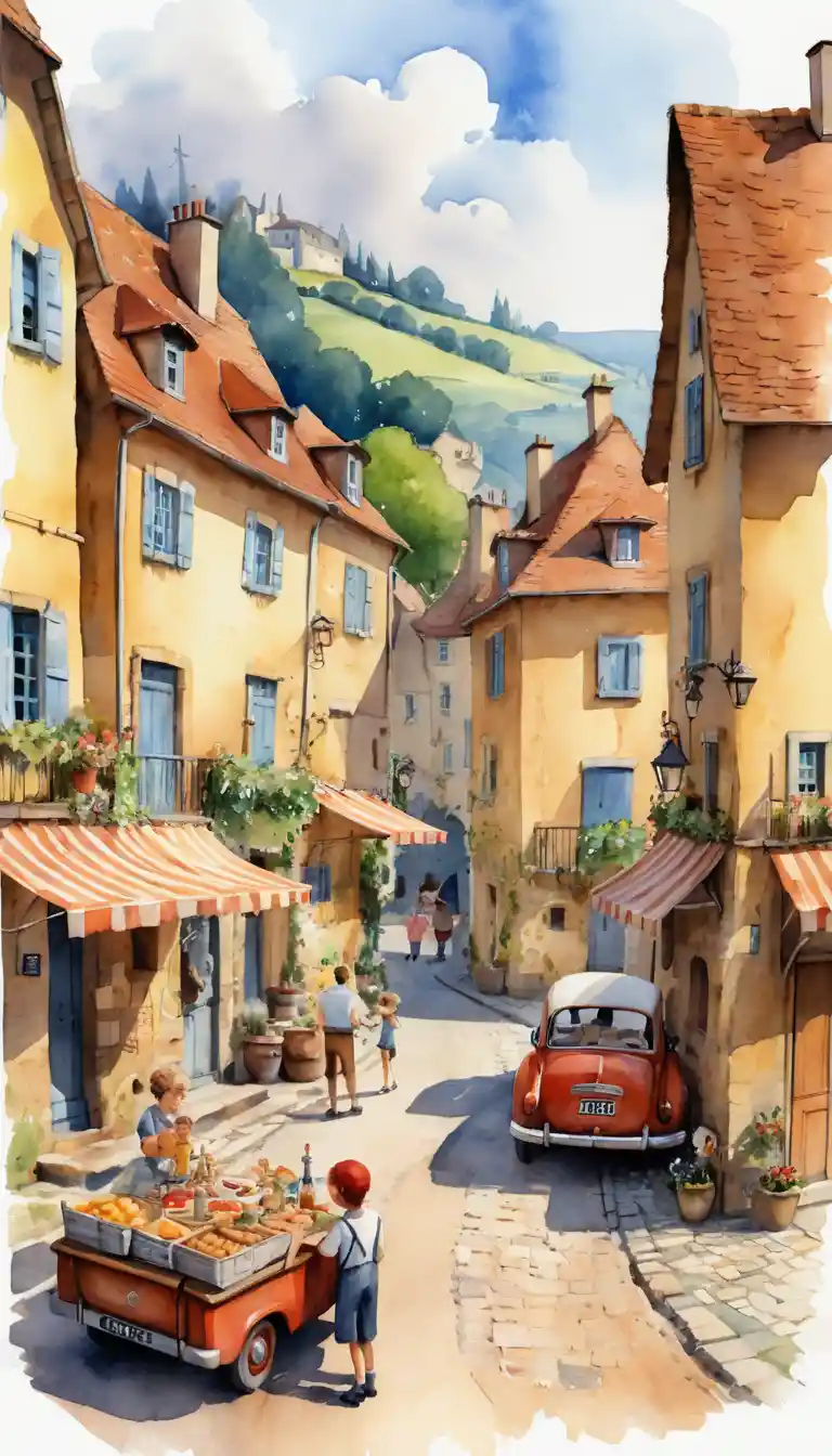 Colorful watercolor illustration of a warm old village festival