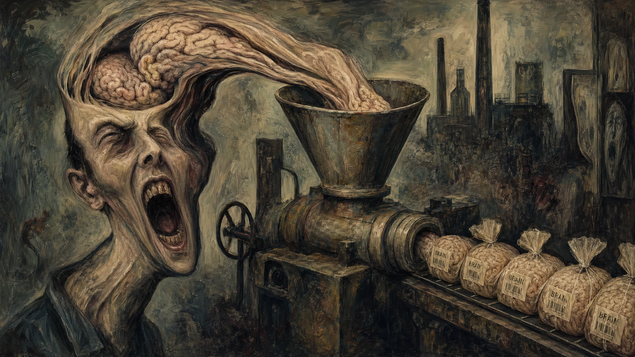 Surreal Brain Pouring From Screaming Man Into Grinder