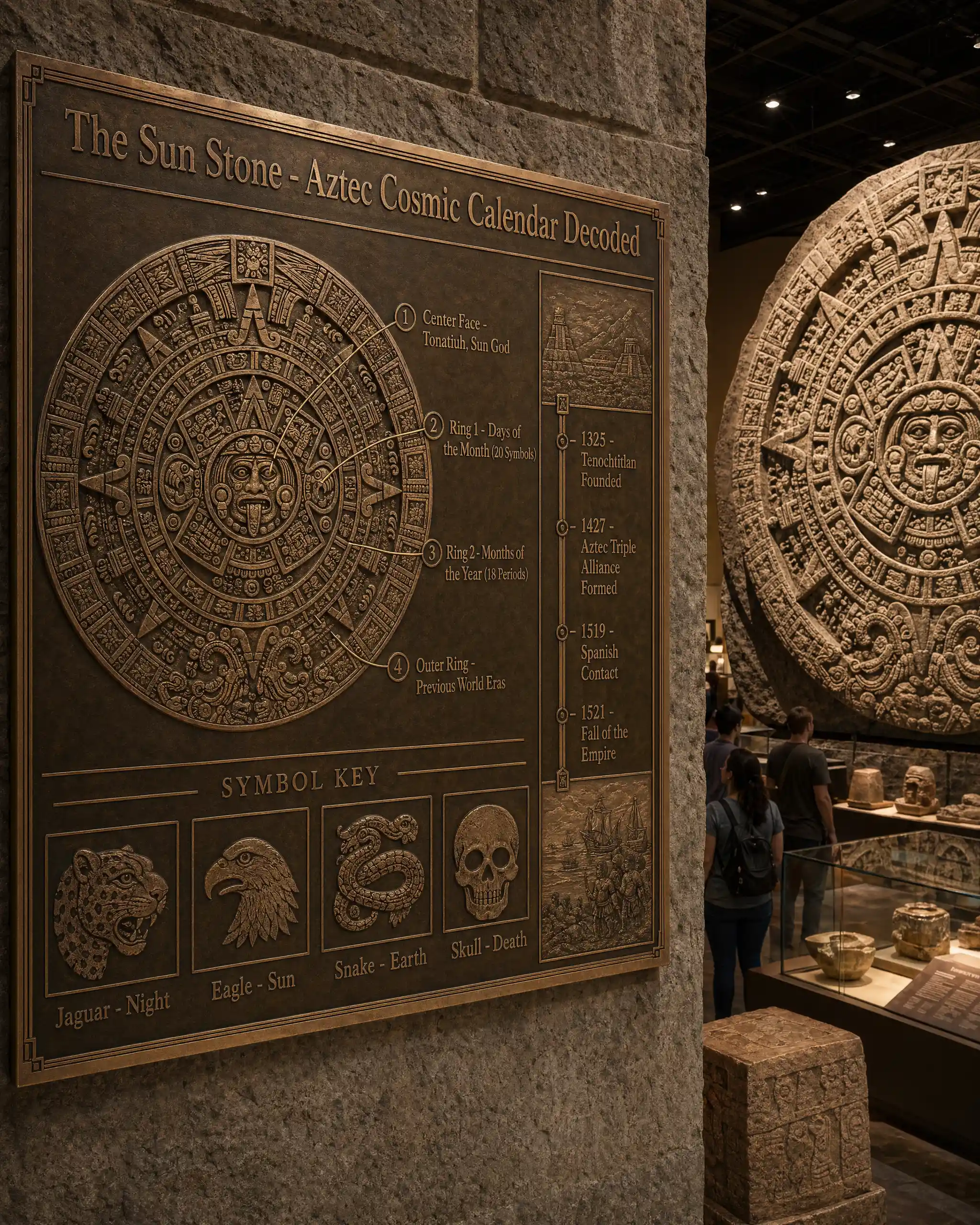 Museum plaque explaining the Aztec sun stone cosmic calendar