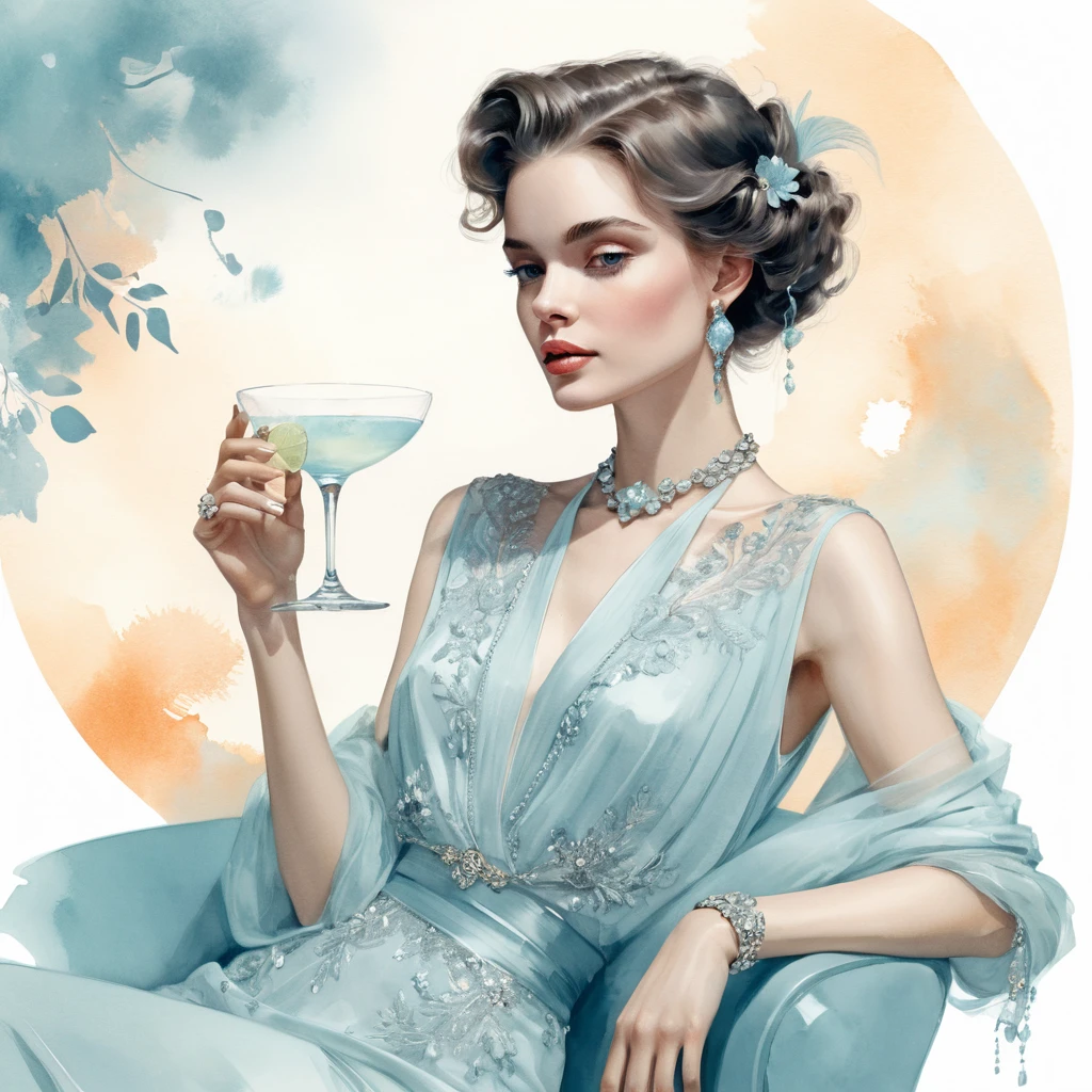 パステルブルーのシックな女性がカクテルを飲むイラスト
