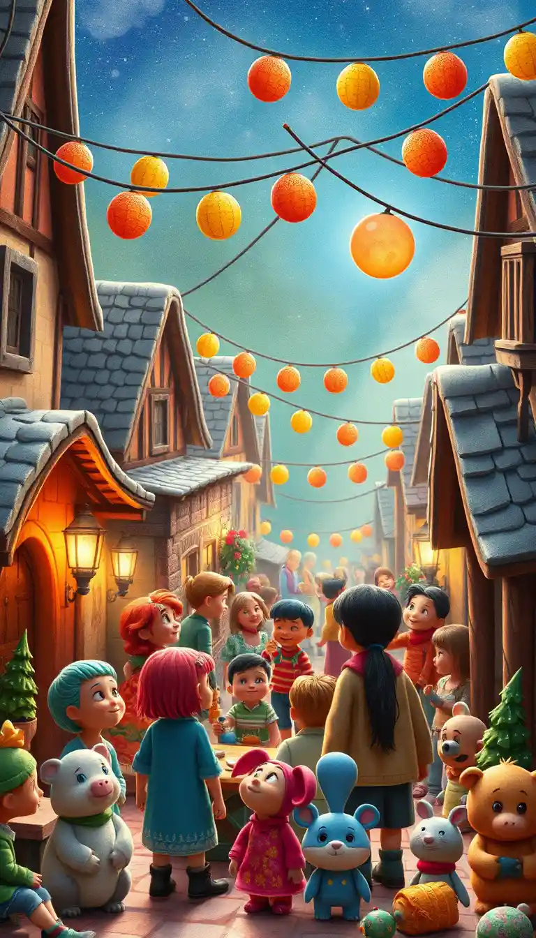 Colorful cartoon village party scene in watercolor style