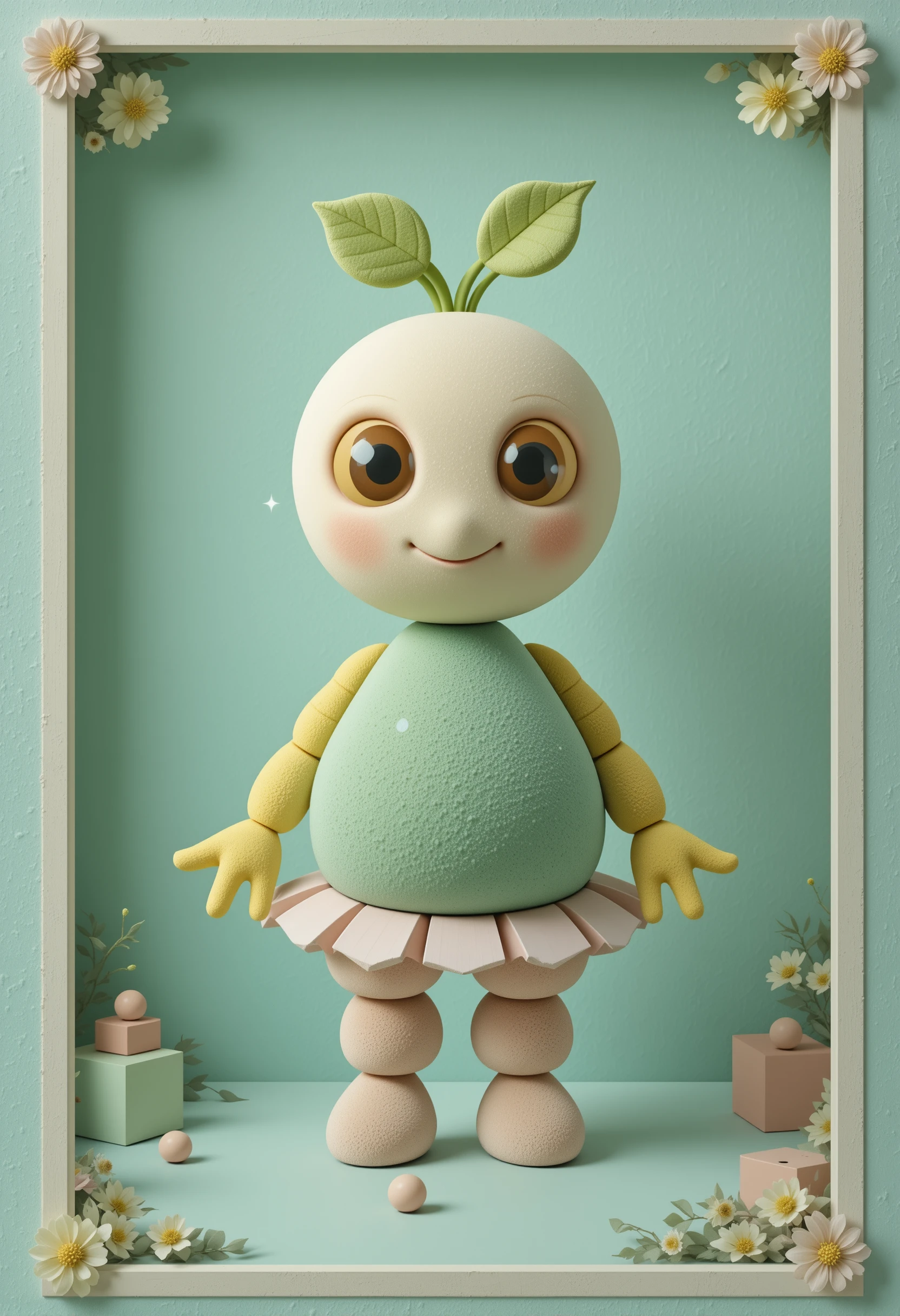 Adorable personaje de caricatura esférico sobre fondo abstracto color menta
