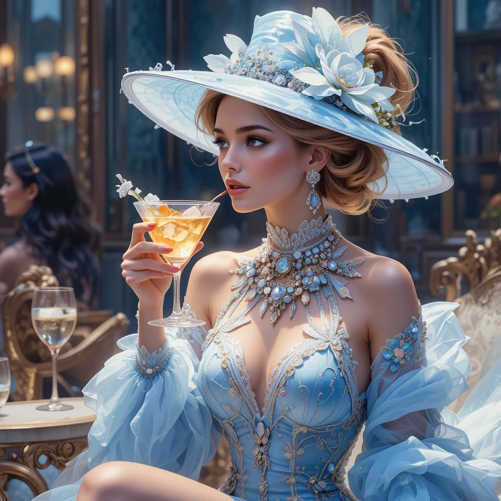 Elegant woman in pastel blue fashion illustration with cocktail