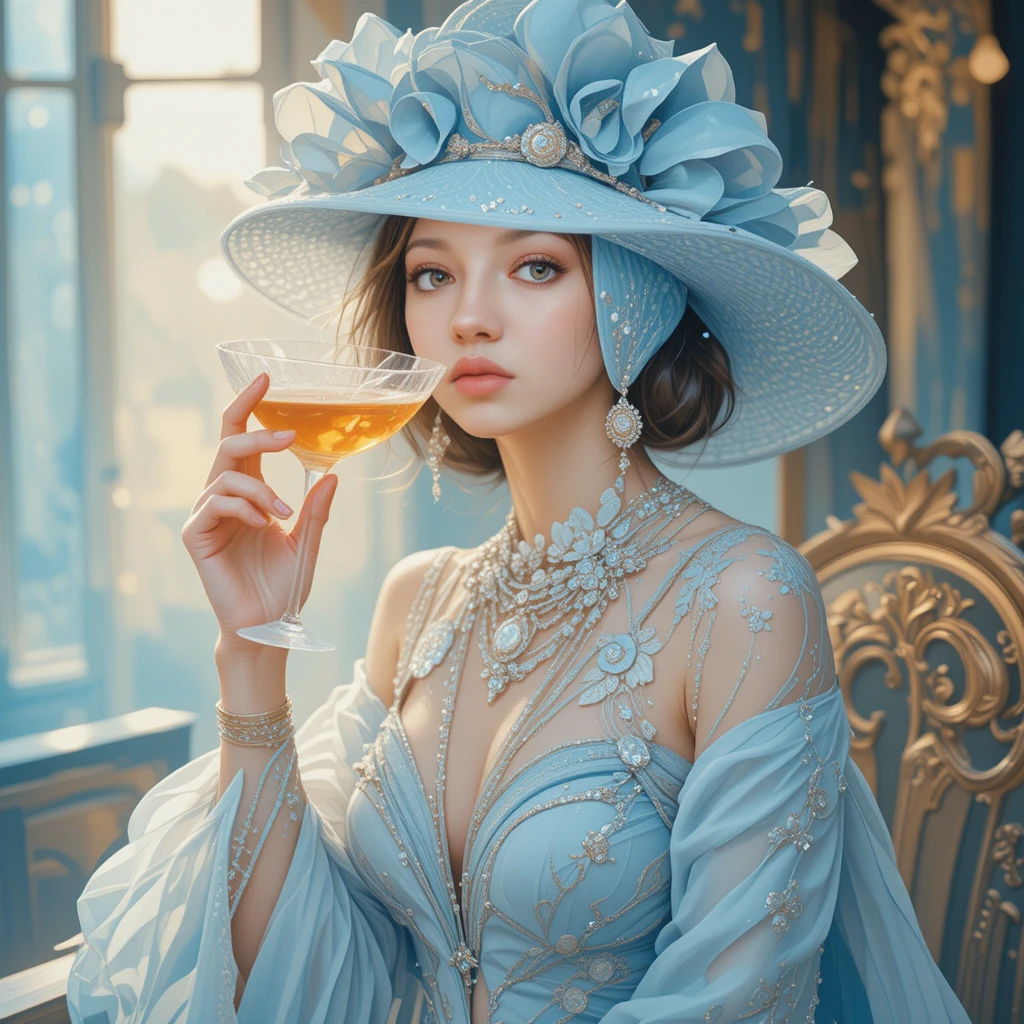 Chic woman in pastel blue sipping a cocktail illustration