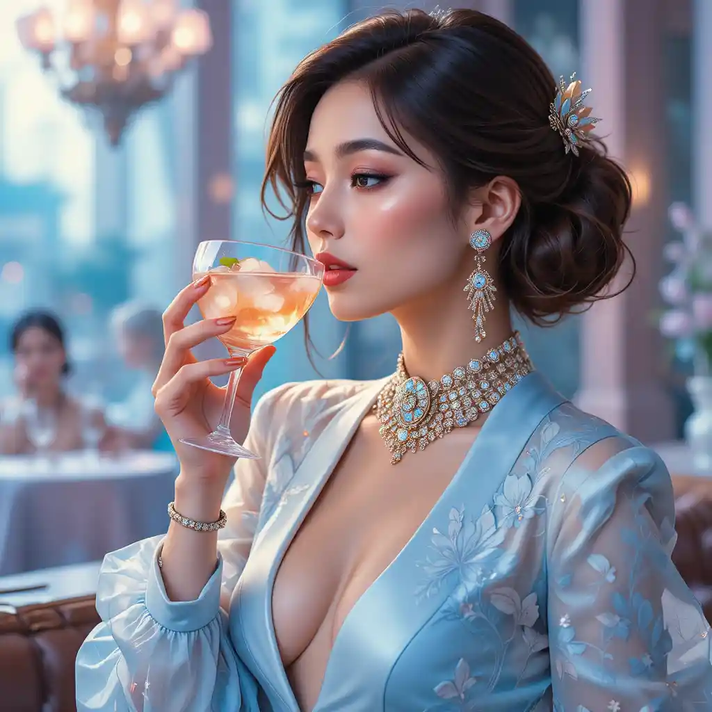 Chic woman in pastel blue outfit sipping a cocktail