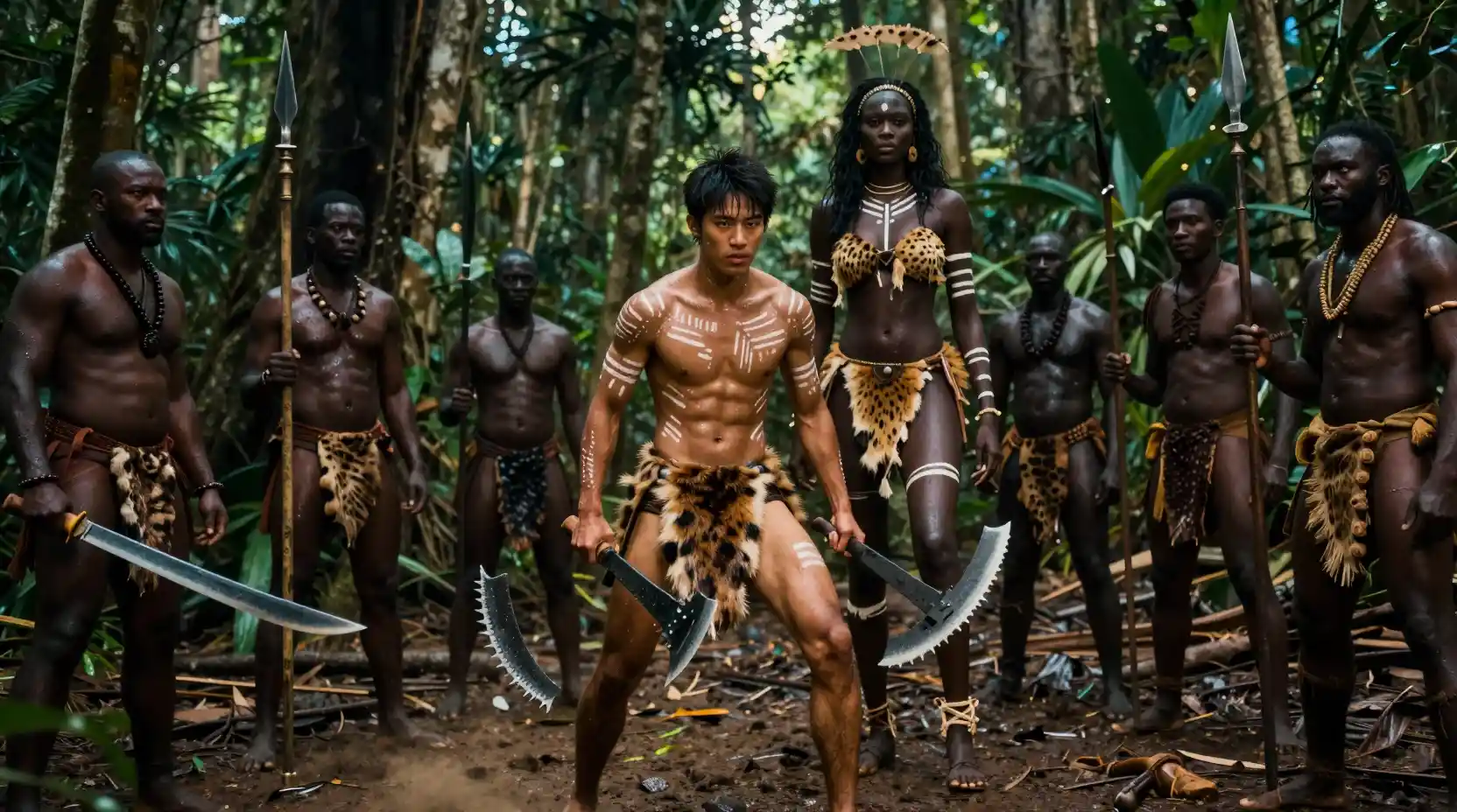Tribal warriors guarding a giantess in dusk rainforest