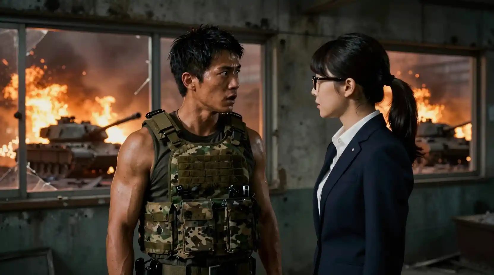 Soldier and diplomat reunite inside burning war torn building