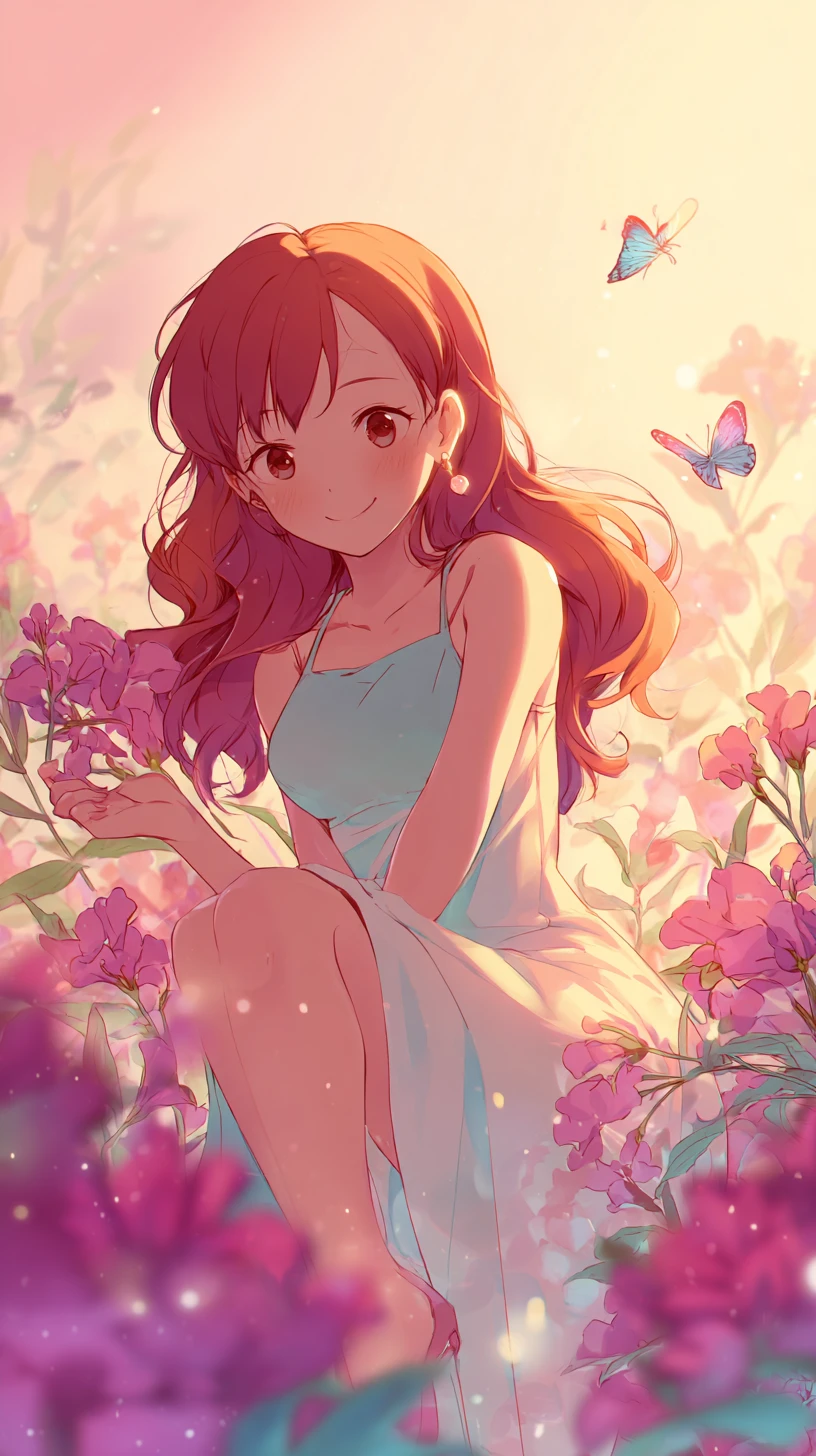 Chica de anime en un campo onírico de flores de cerezo