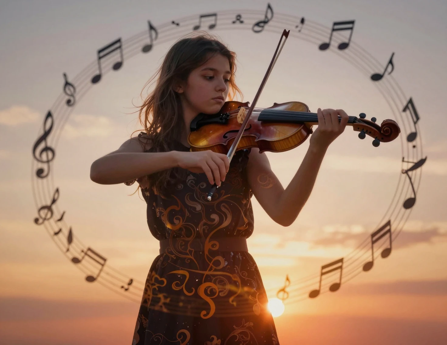 Joven violinista apasionada en una doble exposición musical en espiral