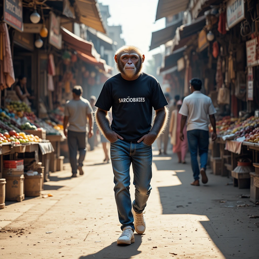 Monkey man walking through a busy indian street market