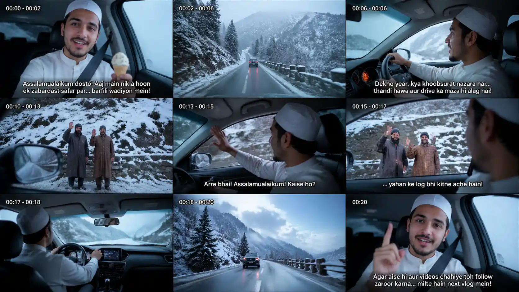Giovane che fa vlog in auto su una strada di montagna innevata