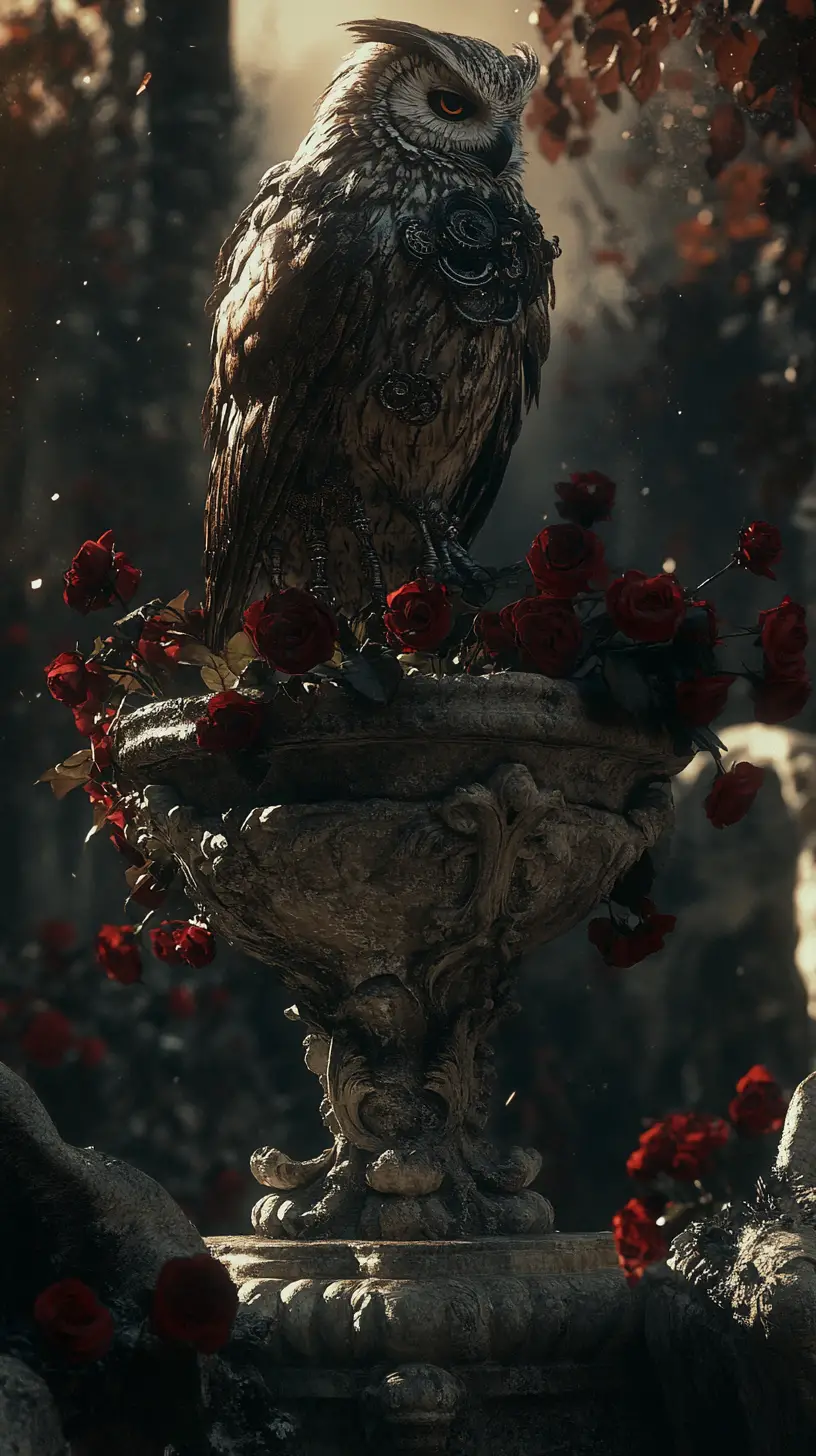 Mechanical owl on baroque angel fountain in moonlit garden