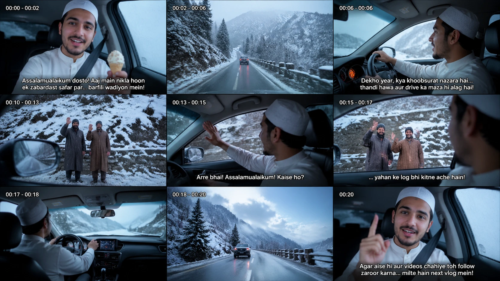 Young man vlogging inside car on snowy mountain road