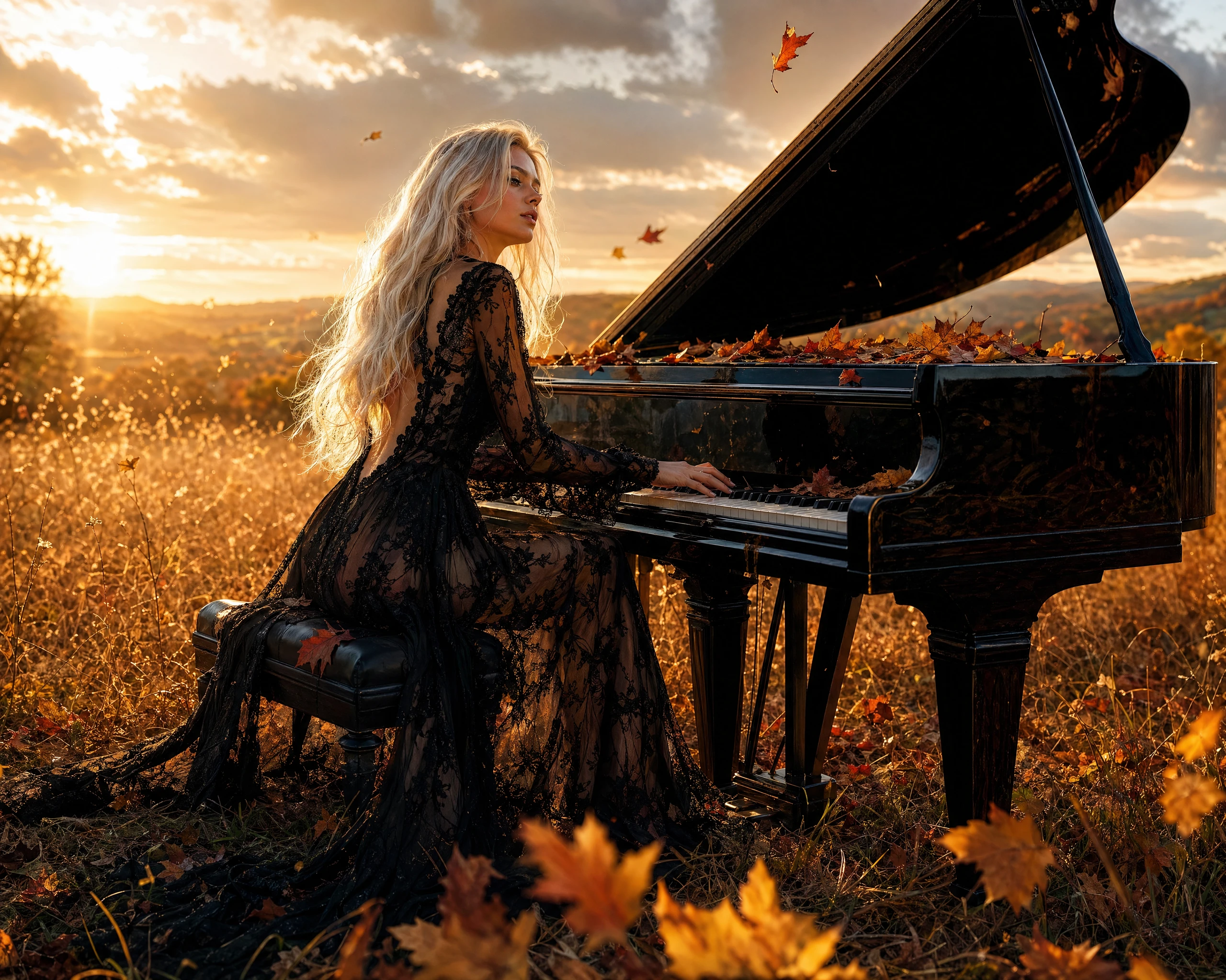 Mujer tocando un piano de cola en un prado dorado de otoño
