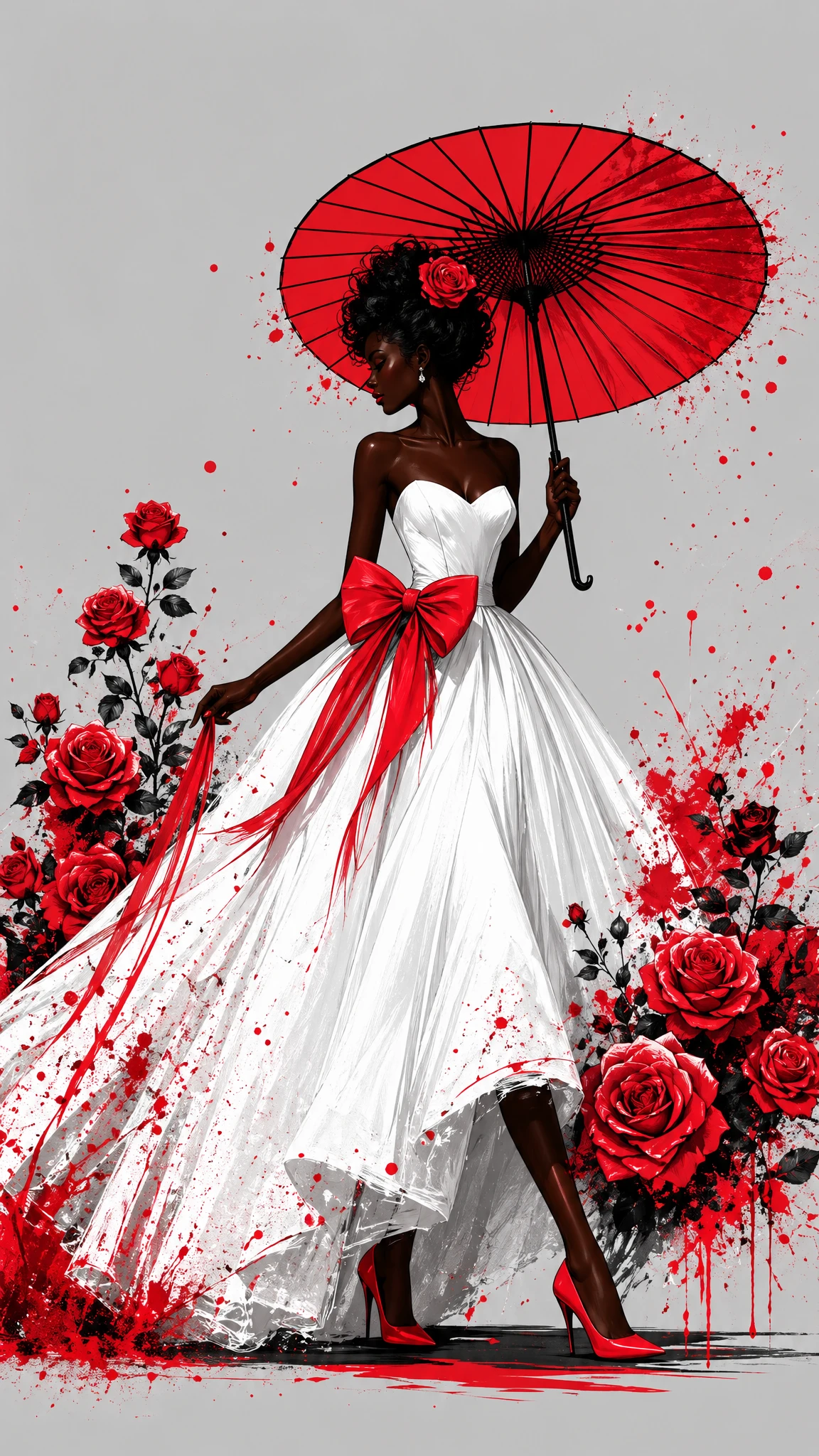 Elegant woman in white ball gown with red roses