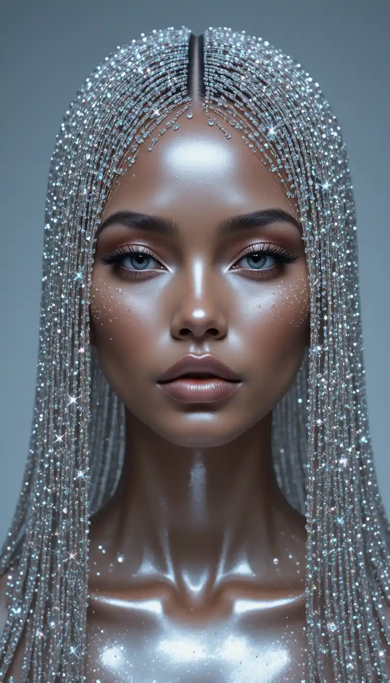 Chrome skinned fashion portrait with crystal rhinestone veil