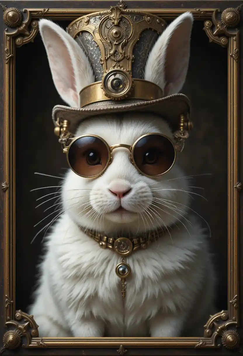 Victorian steampunk portrait of a white rabbit in top hat
