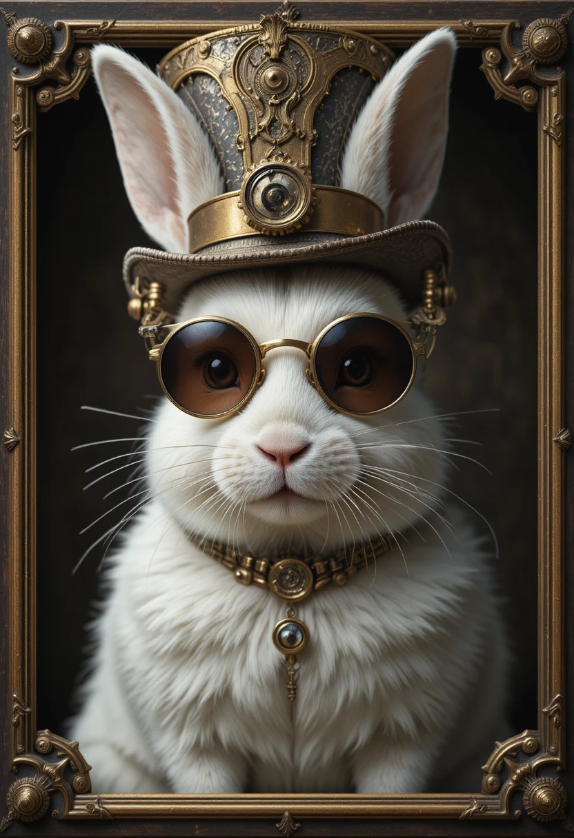 Victorian steampunk portrait of a white rabbit in top hat