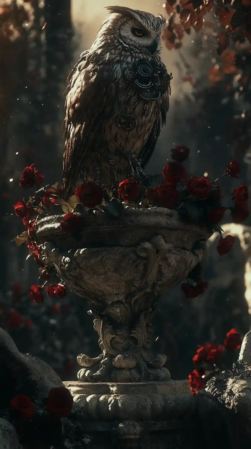 Mechanical owl on baroque angel fountain in moonlit garden