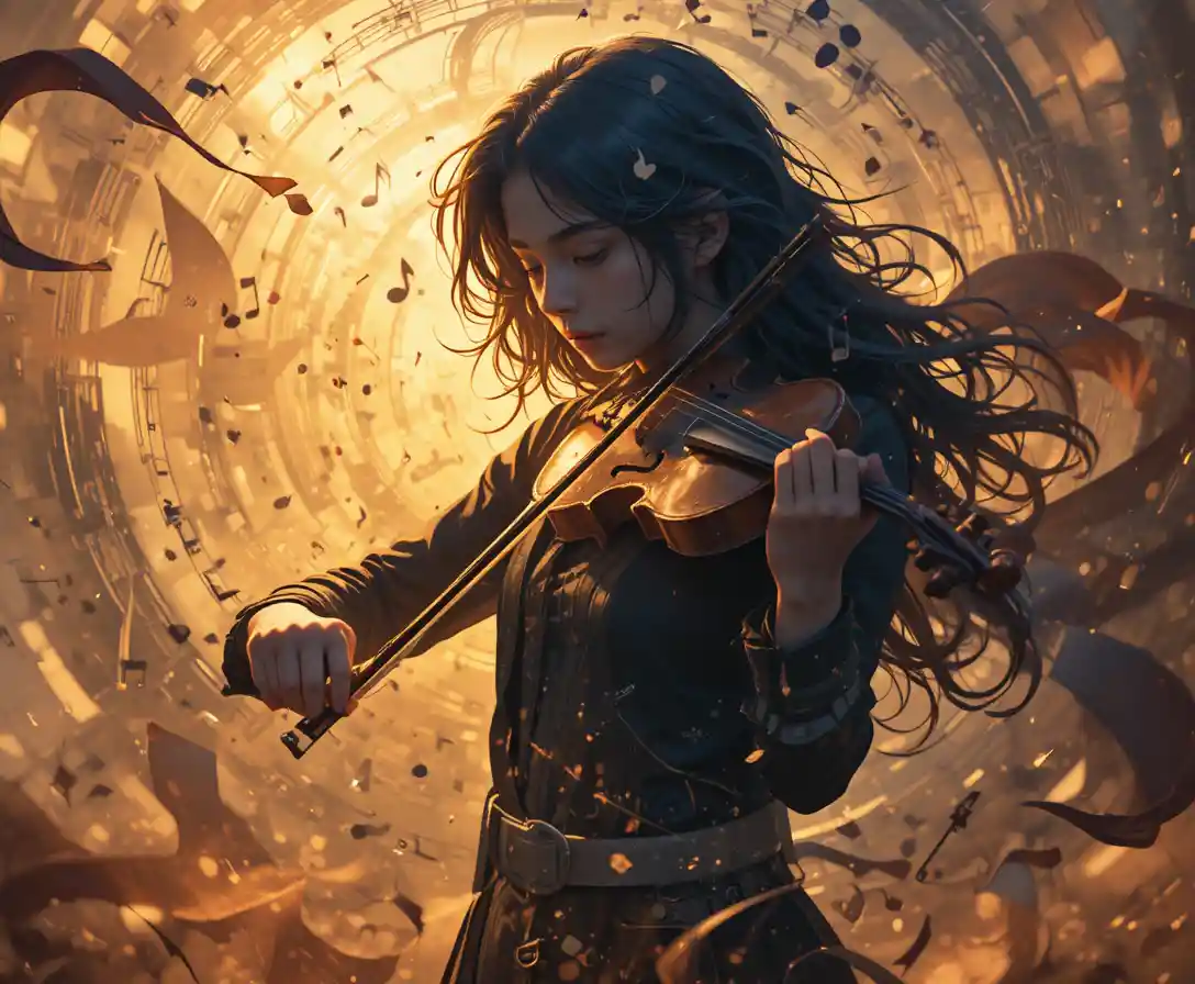 Young violinist in double exposure with swirling musical notes