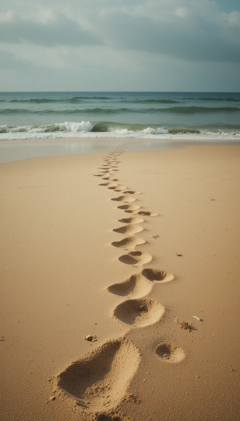 Lonely vintage beach with footprints and gentle sea waves