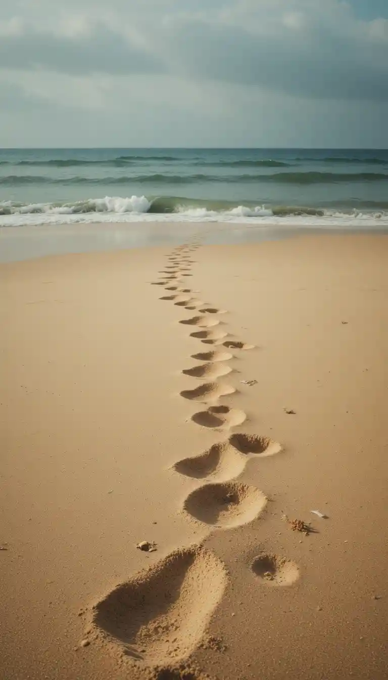 Lonely vintage beach with footprints and gentle sea waves
