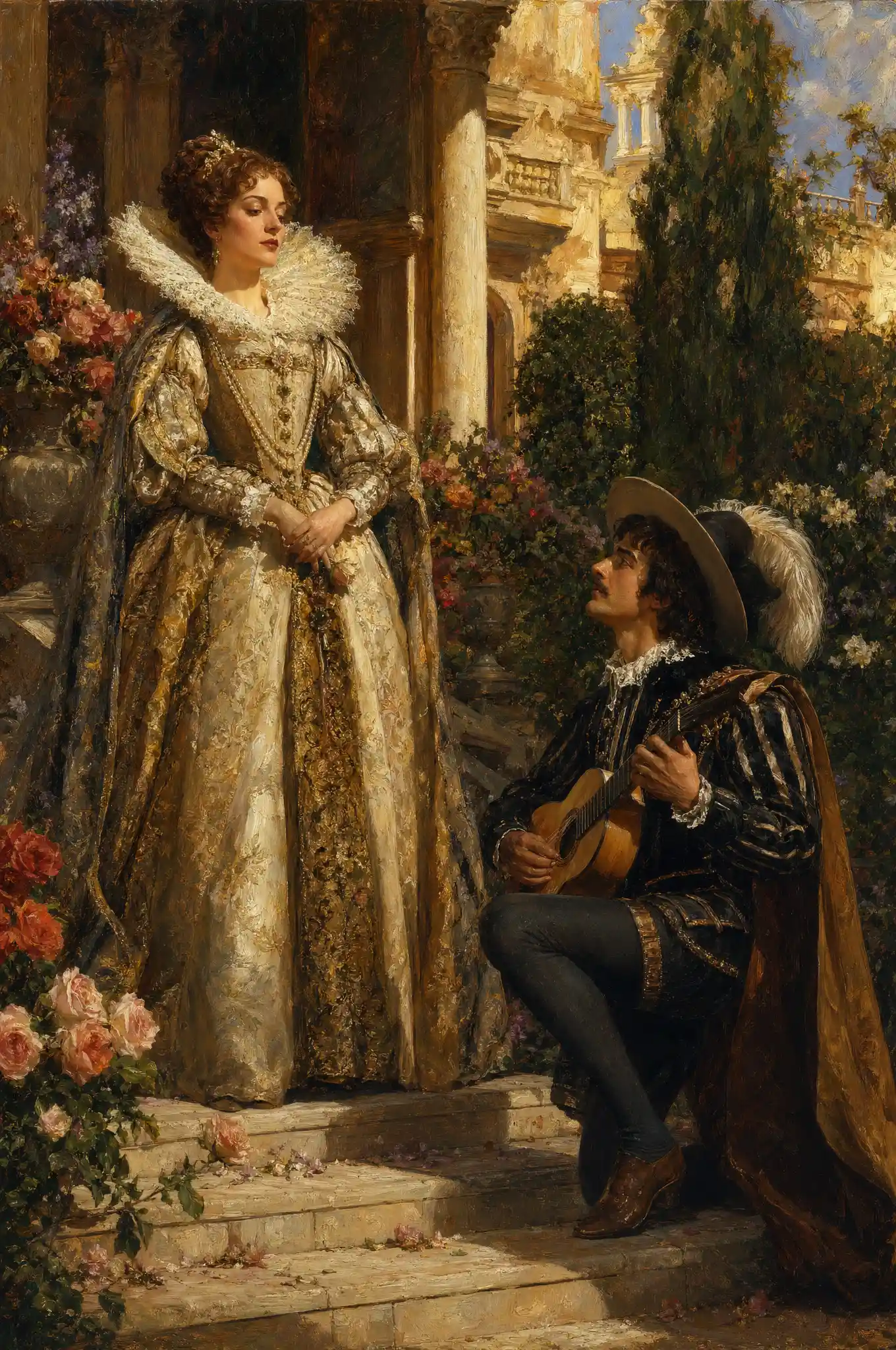 Baroque countess on palace steps serenaded by her secretary