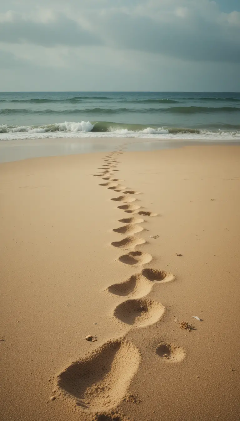 Lonely vintage beach with footprints and gentle sea waves