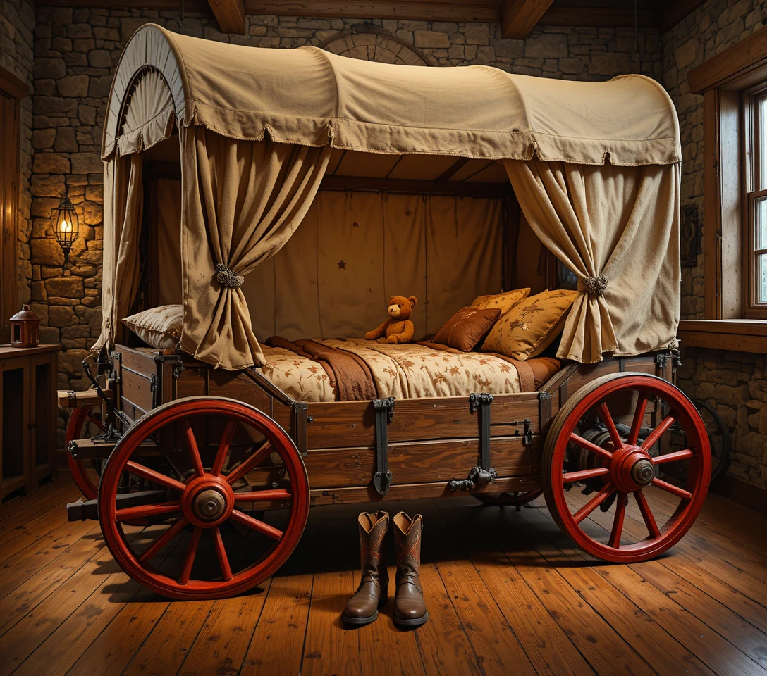 Cozy covered wagon bed with western themed decor